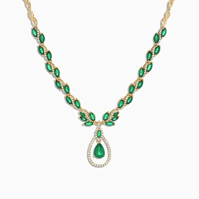 Petal design necklaces-Brasilica 14K Yellow Gold Emerald and Diamond Necklace, 9.74 TCW