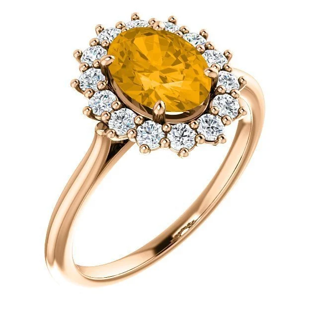 Sleek band engagement rings-14KT GOLD 1.20 CT CITRINE & 3/8 CTW DIAMOND OVAL HALO RING