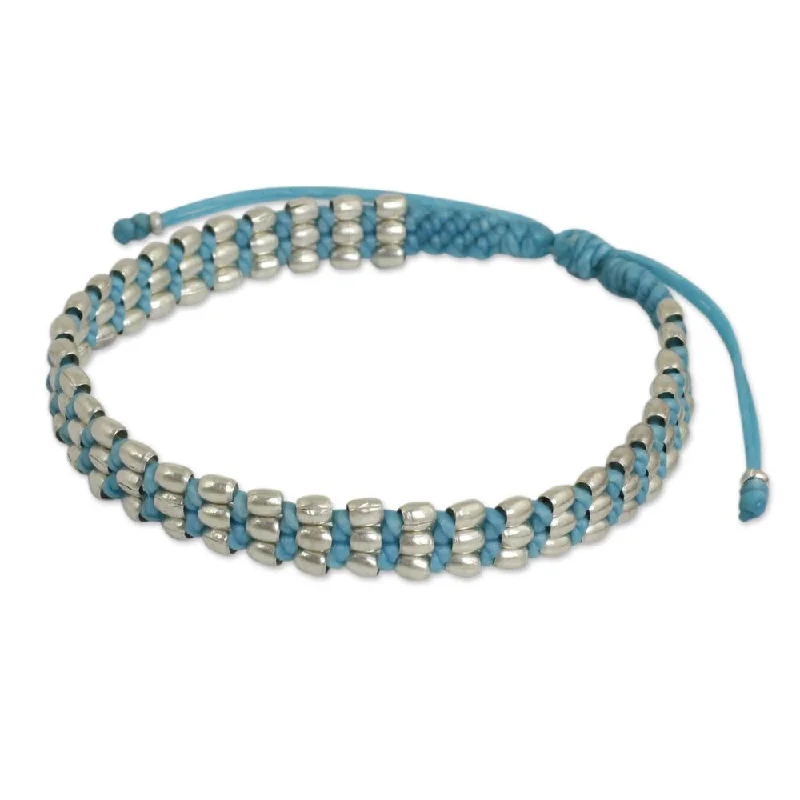 Pure link bangles-Handmade Sterling Silver 'Friendly Blue' Beaded Cord Bracelet (Thailand)