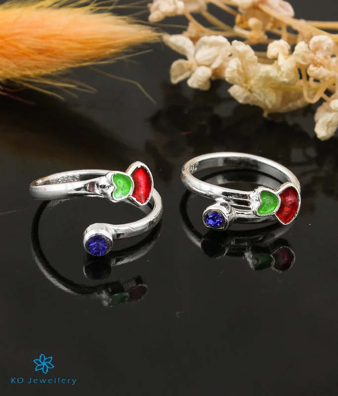 Firm clasp engagement rings-The Shimmer Silver Toe-Rings (Green/Red/ Front open)