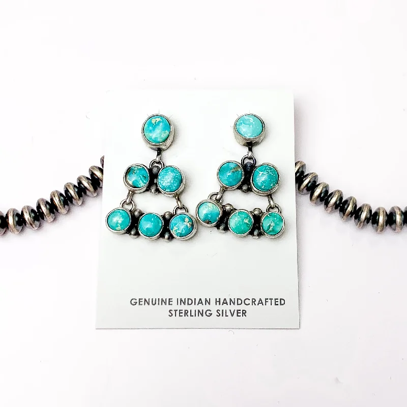 Petal pattern earrings-Lorenzo Sam | Navajo Handmade Sterling Silver Tiered Post Chandelier Earrings with Kingman Turquoise Stones