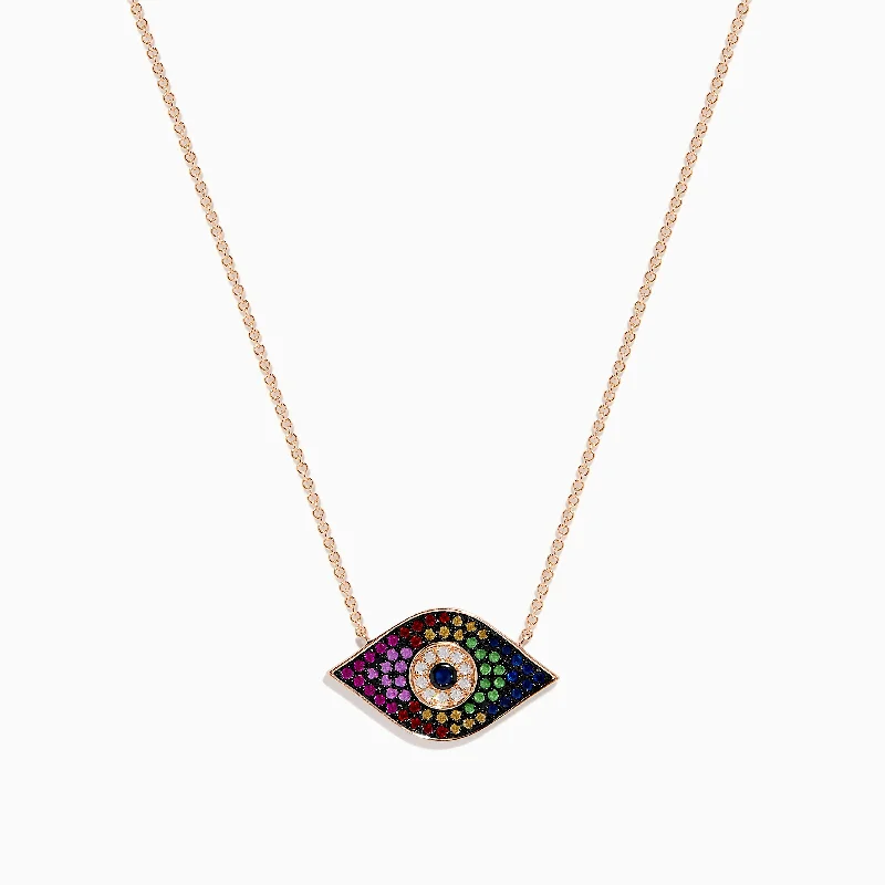 Raised disc necklaces-Novelty 14K Rose Gold Multi Sapphire & Diamond Evil Eye Necklace