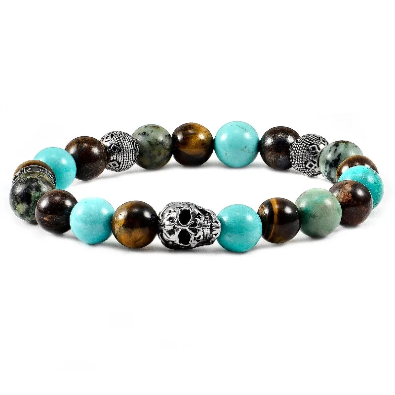 Cool clay bangles-Stainless Steel Skull Natural Stone Beaded Stretch Bracelet (10mm)