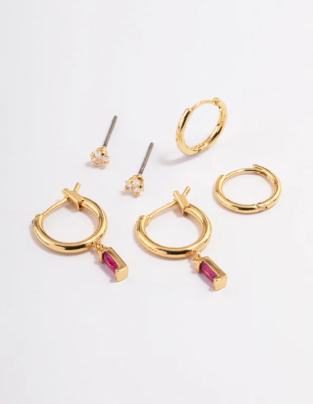 Simple cross earrings-Gold Plated Brass Cubic Zirconia Fuschia Cut Hoop Earrings 6-Pack