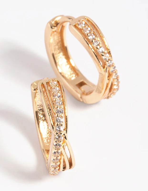 Polished bead earrings-Gold Cubic Zirconia Twisted Huggie Hoop Earrings