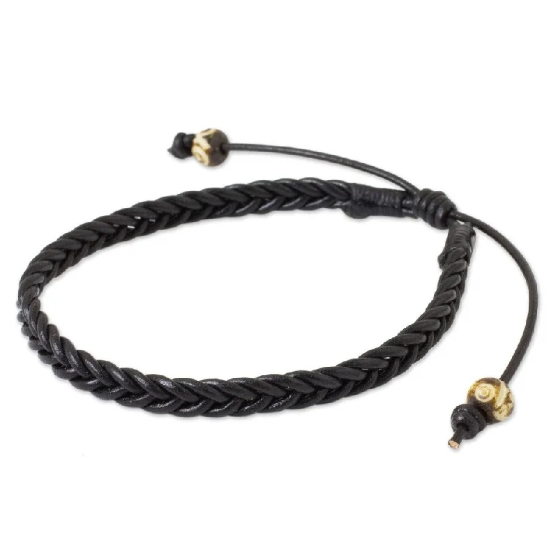 Textured metal bangles-NOVICA Handmade Leather Single Black Braid Bracelet (Thailand)