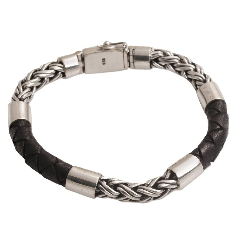 Crystal-twisted bangles-Handmade Men's Leather Sterling Silver One Strength Bracelet (Indonesia)