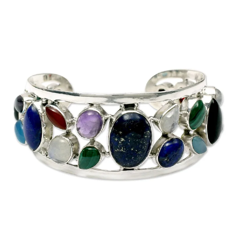 Cord edge bangles-Lapis Lazuli and Pearl Cuff Bracelet, 'Colors of Life' (India) - 7'6" x 9'6" - 7'6" x 9'6"