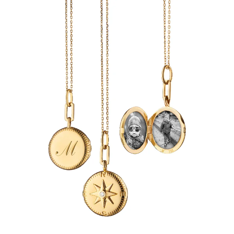 Light wood necklaces-"Adventure" Compass Gold Engraved Locket Necklace