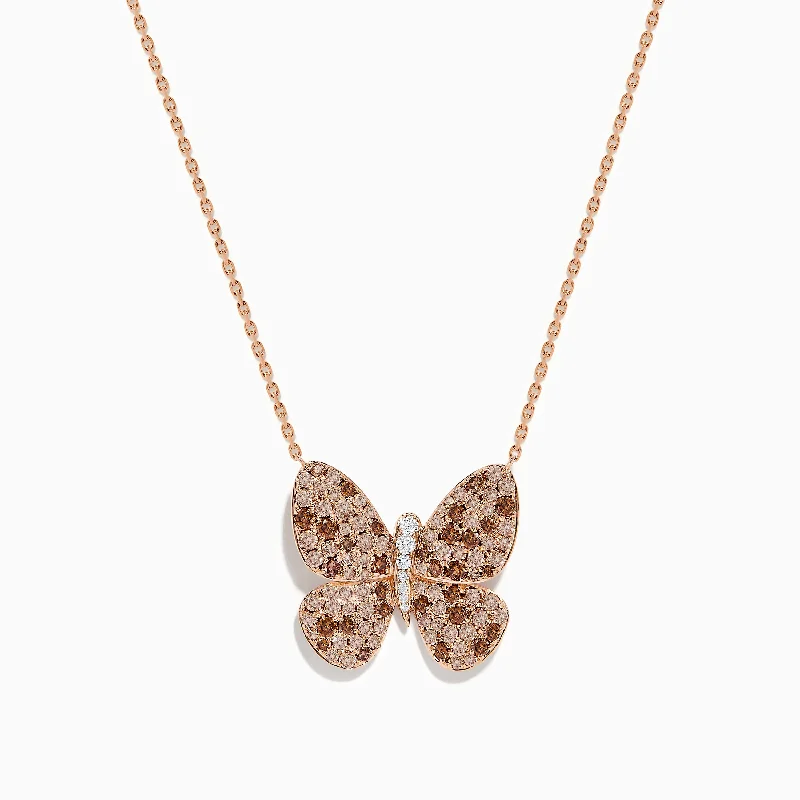 Oval drop necklaces-14K Rose Gold Brown and White Diamond Butterfly Necklace