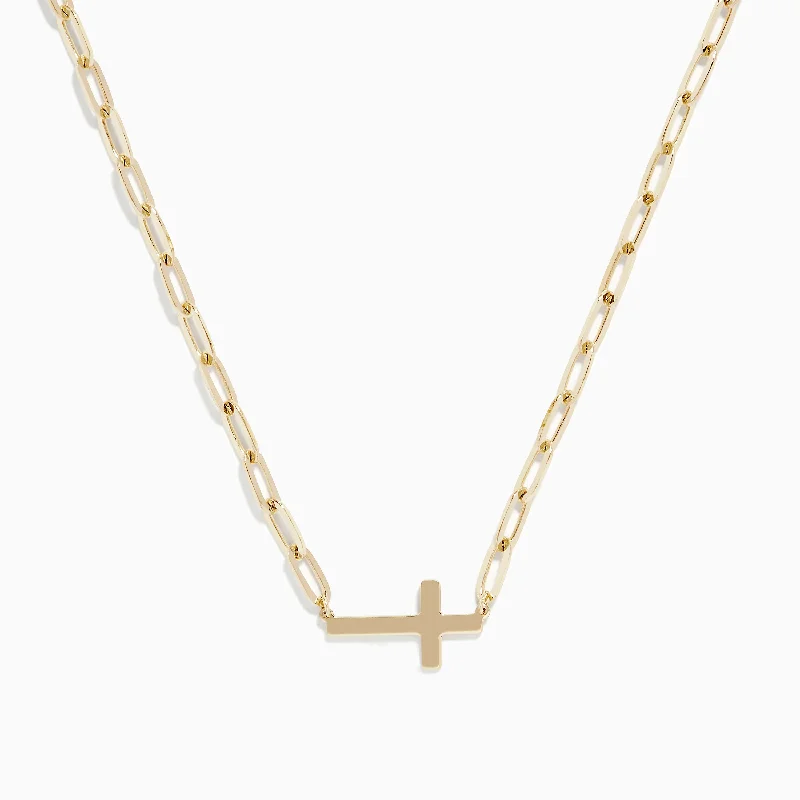 Bold cross necklaces-14K Yellow Gold West-East Cross Paperclip Chain Necklace 17"