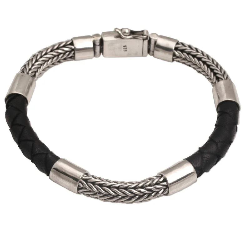 Hand-polished bangles-Handmade Men's Sterling Silver Leather Stay Strong Bracelet (Indonesia) - Black