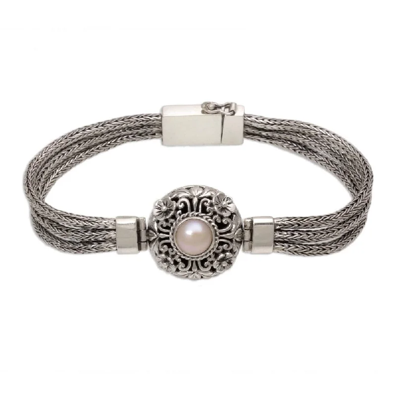 Radiant star bangles-Handmade Sterling Silver 'Floral Nobility' Cultured Pearl Bracelet (8 mm) (Indonesia)