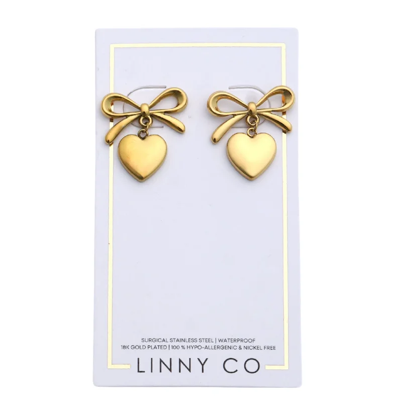 Bead weave earrings-Linny Co | Ruthie Bow and Heart Drop Earrings in Gold