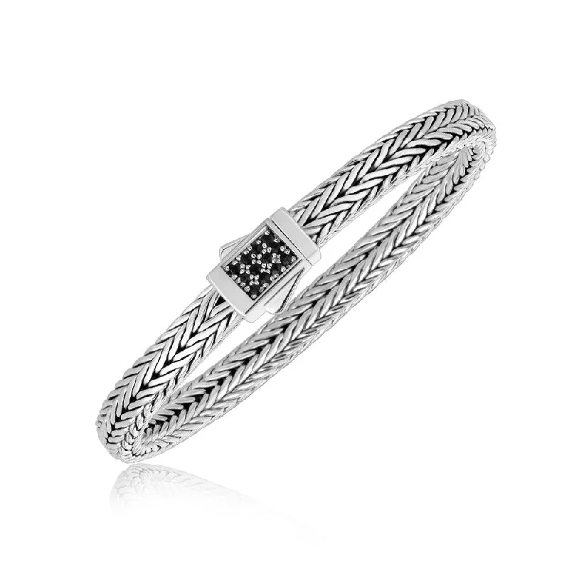 Flex cord bangles-Sterling Silver Braided Black Sapphire Accented Men's Bracelet