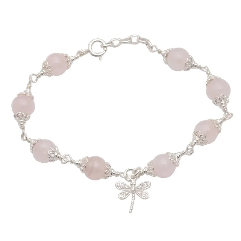 High cuff bangles-NOVICA Moonlight Dragonfly in Rose, Rose quartz beaded charm bracelet