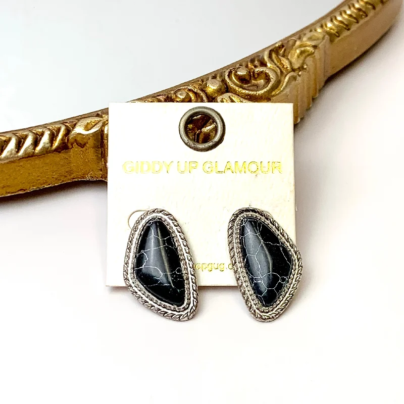 Retro deco earrings-Silver Tone Irregular Shaped Faux Stone Post Earrings in Black