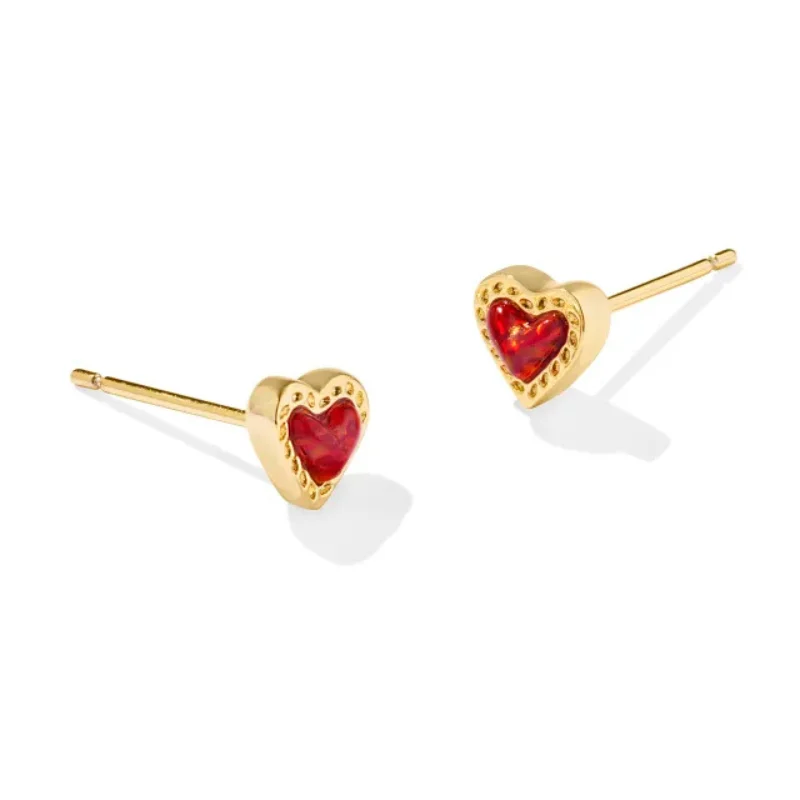 Ruby stone earrings-Kendra Scott | Mini Ari Gold Heart Stud Earrings in Red Kyocera Opal