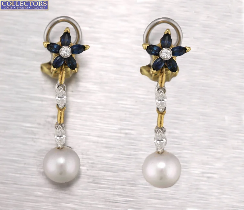 Tiny wing earrings-Vintage 18K Gold 0.70ctw Blue Sapphire Diamond Pearl Dangling Clip-On Earrings