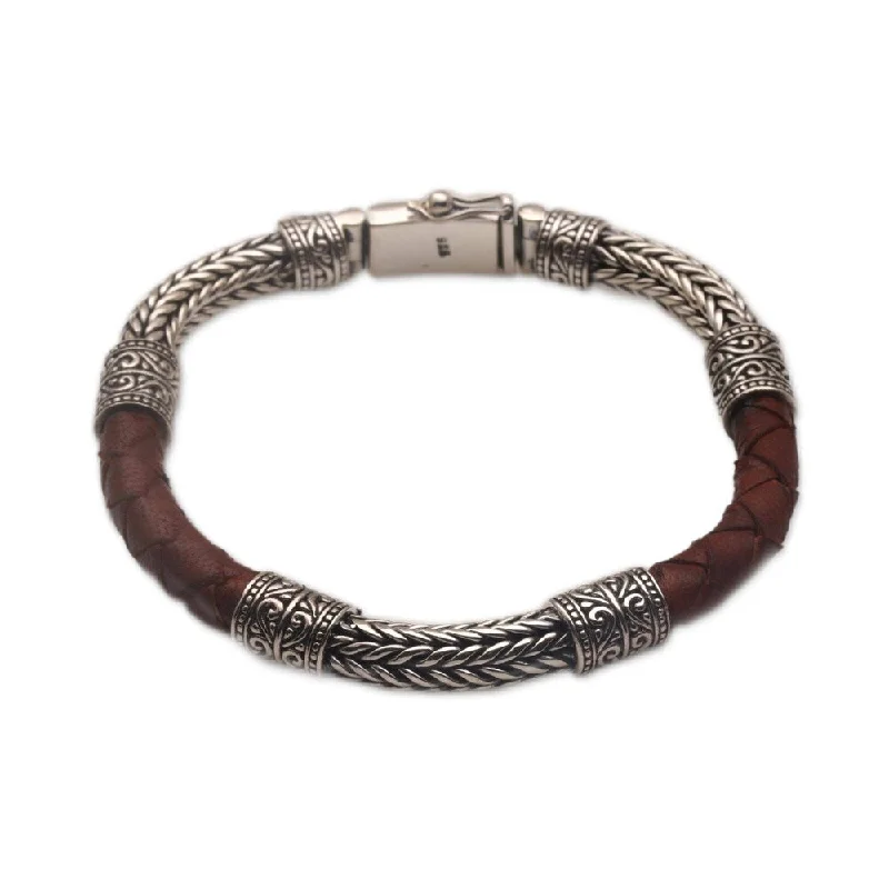 Flex cord bangles-Handmade Men's Sterling Silver Leather shades of copper and black 'Royal Weave in Brown' Bracelet (Indonesia)