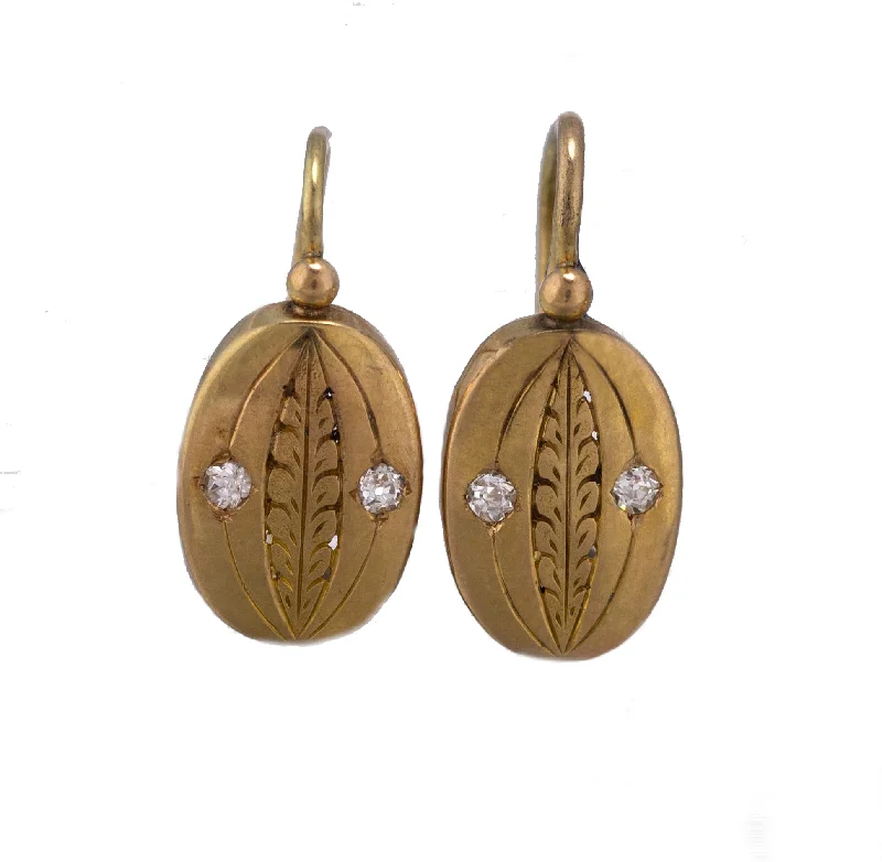 Topaz stone earrings-Ladies Antique Victorian 14K Yellow Gold 0.08ctw Diamond Etched Drop Earrings