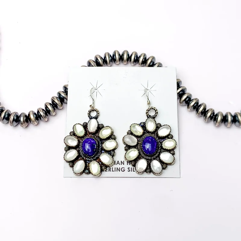 Broad hoop earrings-Daniel Benally | Navajo Handmade Sterling Silver Flower Dangling Cluster Earrings with White Water Pearl and Dark Lapis Stones