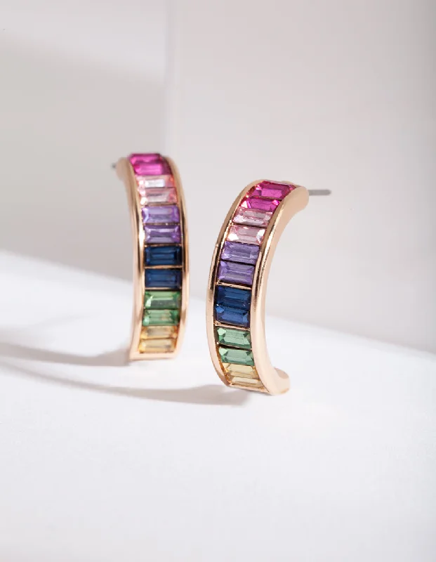 Thick cuff earrings-Gold Rainbow Gem Hoop Earrings