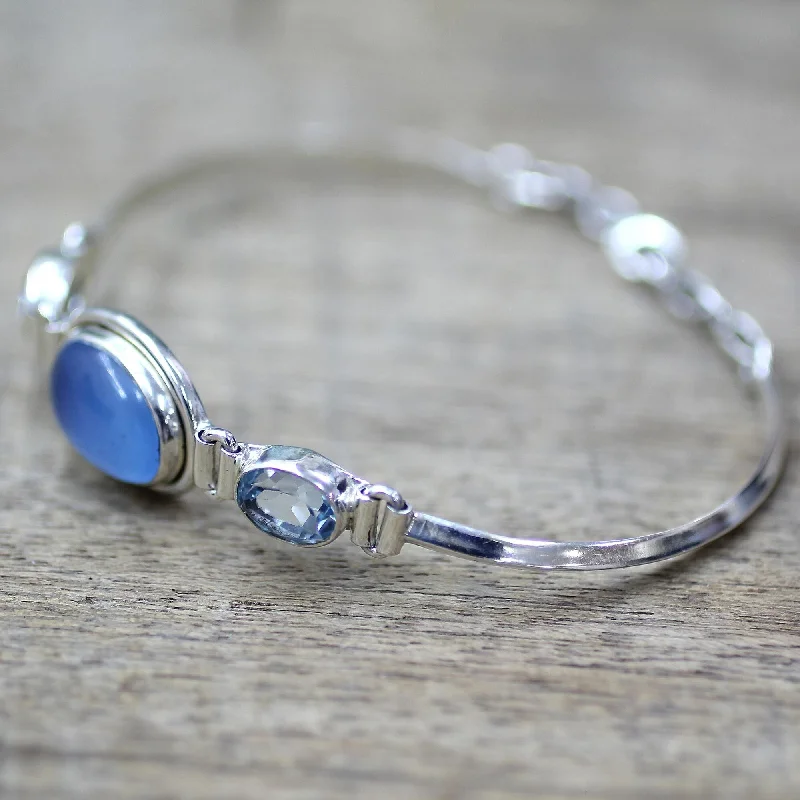 Bold gem bangles-Handmade Sterling Silver 'Shining Blue' Topaz Chalcedony Bracelet (India)