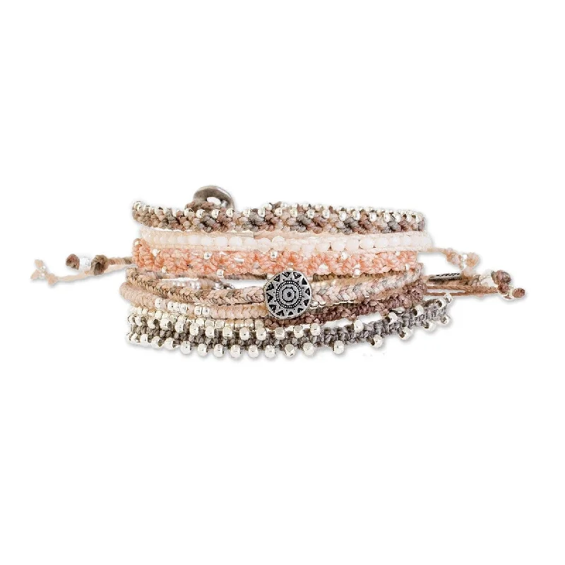 Glossy silver bangles-NOVICA Boho Histories in Pink, Glass beaded macrame bracelets (set of 7)