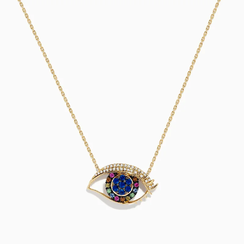 Onyx stone necklaces-Novelty 14K Yellow Gold Multi Sapphire and Diamond Evil Eye Necklace