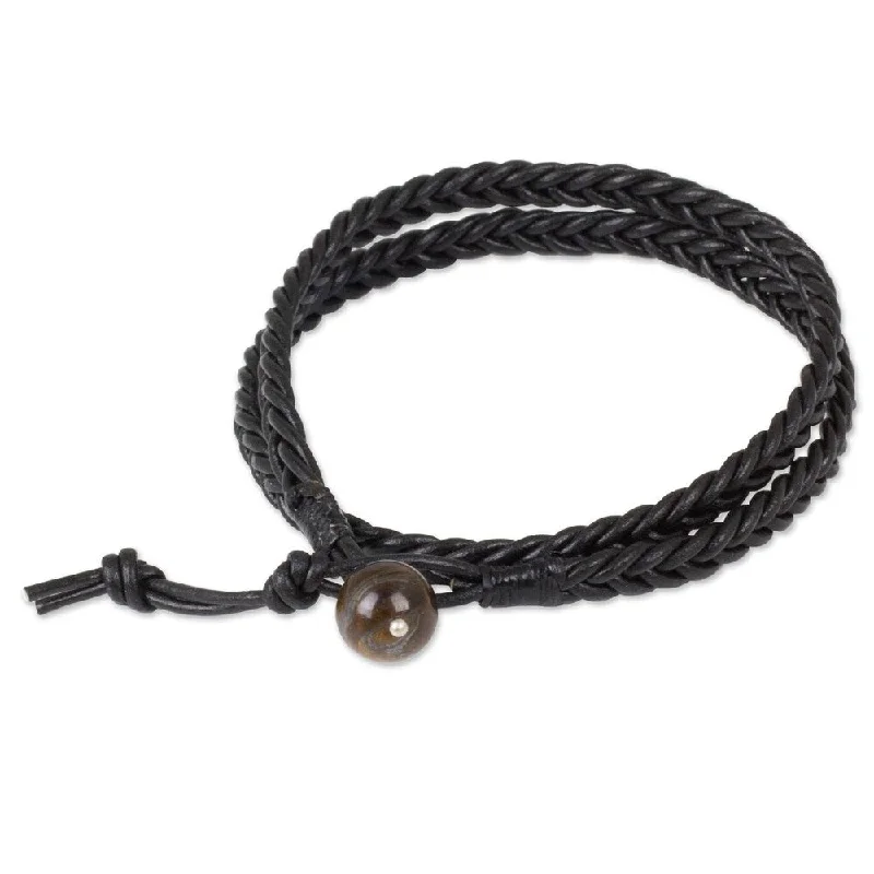 Raven motif bangles-NOVICA handmade Men's Leather Double Ebony Tiger's Eye Bracelet (Thailand)